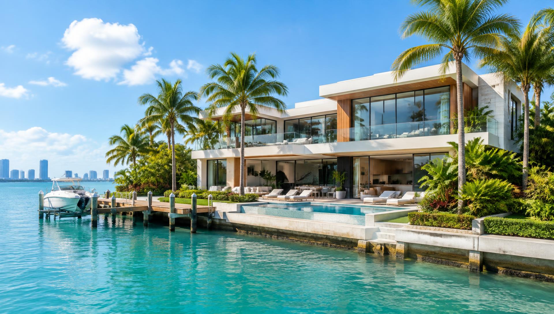Waterfront villa with pool and palm trees overlooking the Miami skyline at sunset